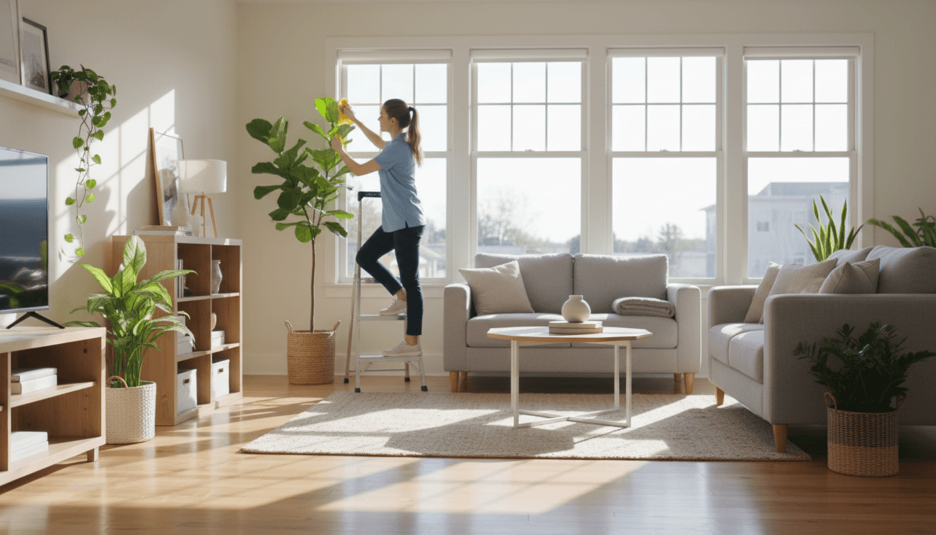 Professional cleaner polishing a window in a bright, freshly cleaned Seattle home with morning sunlight streaming through