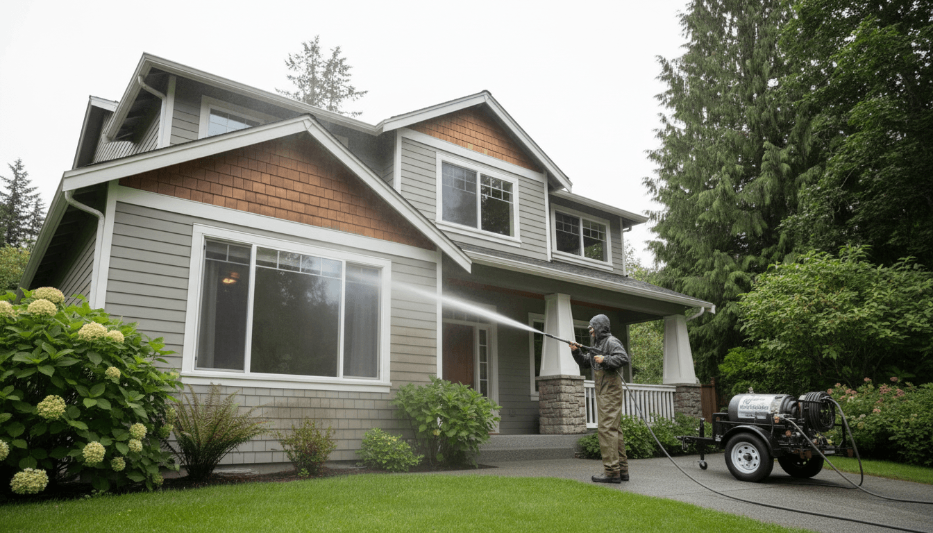 Exterior house washing professional using pressure washer on residential home in Seattle