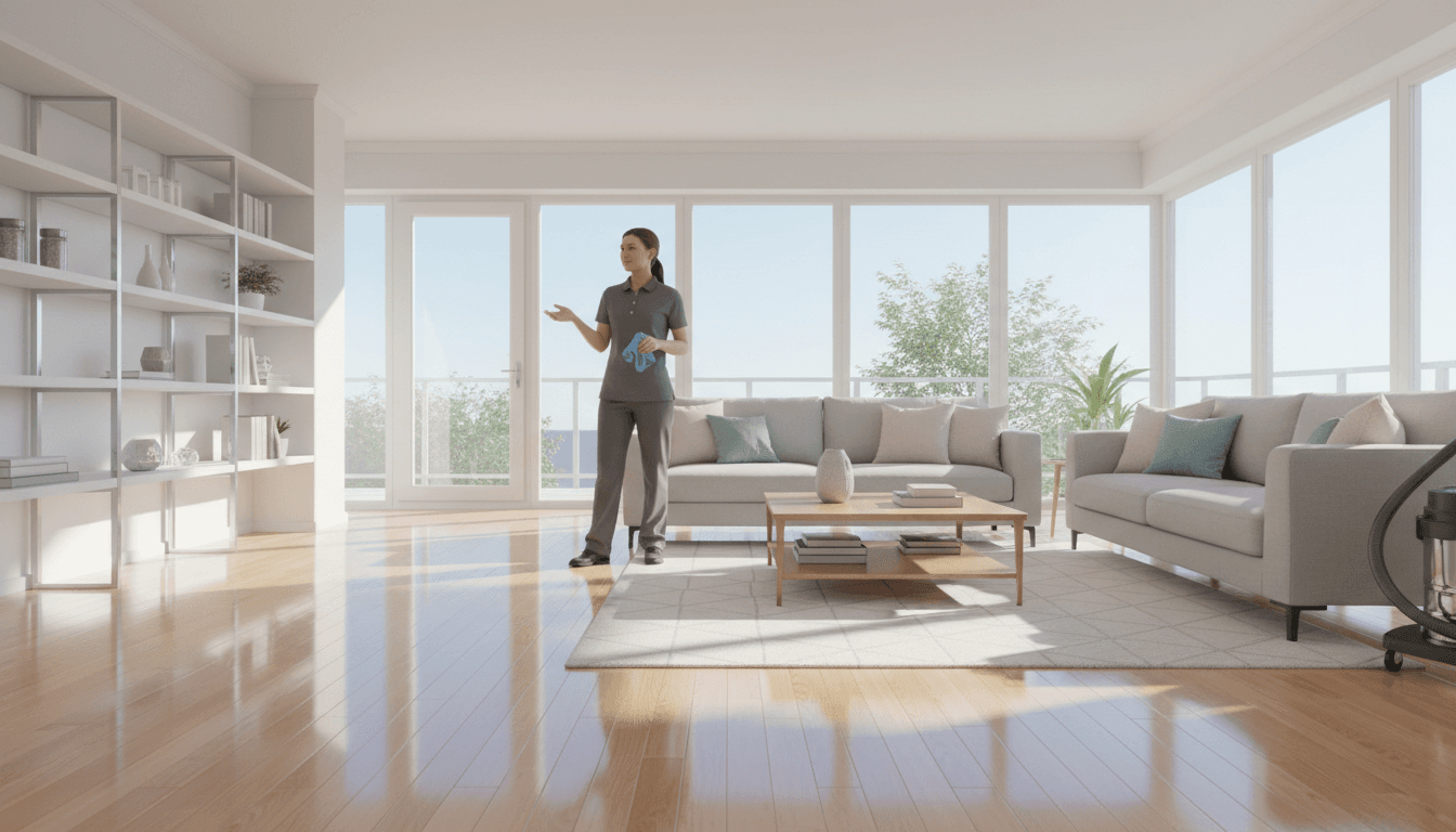 A freshly cleaned, sunlit living room with sparkling floors and organized surfaces, showcasing professional cleaning results