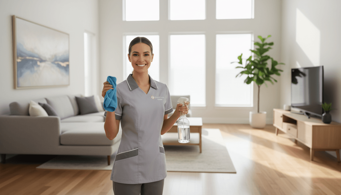 A bright, energetic lifestyle aesthetic wide shot of a professional cleaner holding a microfiber cloth and spray bottle