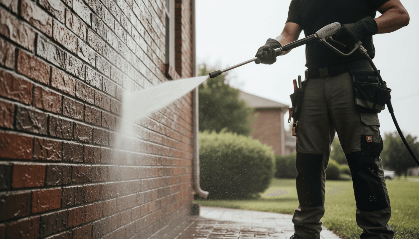 Professional exterior house washing with pressure washer