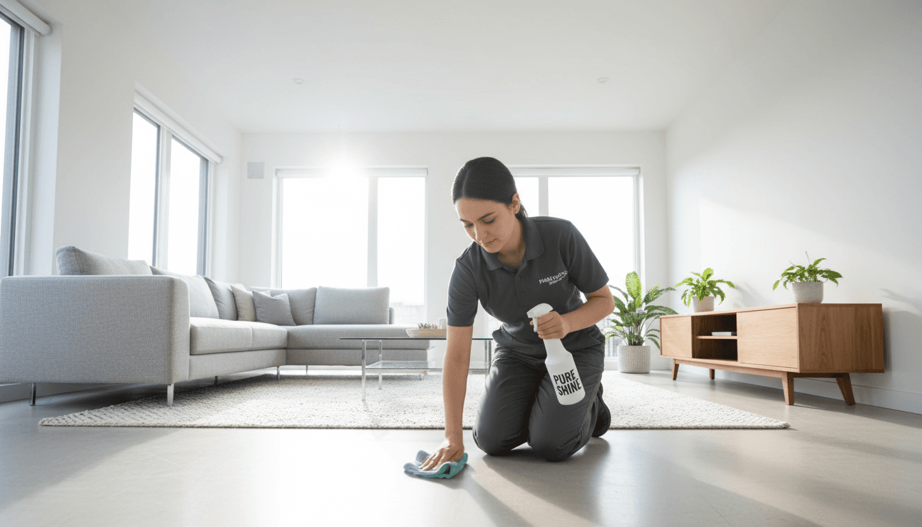 Professional cleaner cleaning glass coffee table in bright, spacious modern living room with natural daylight streaming through windows