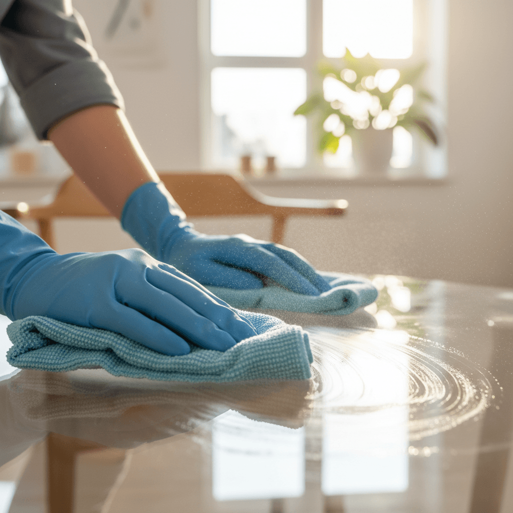 Close-up of professional cleaning a glass surface with microfiber cloth