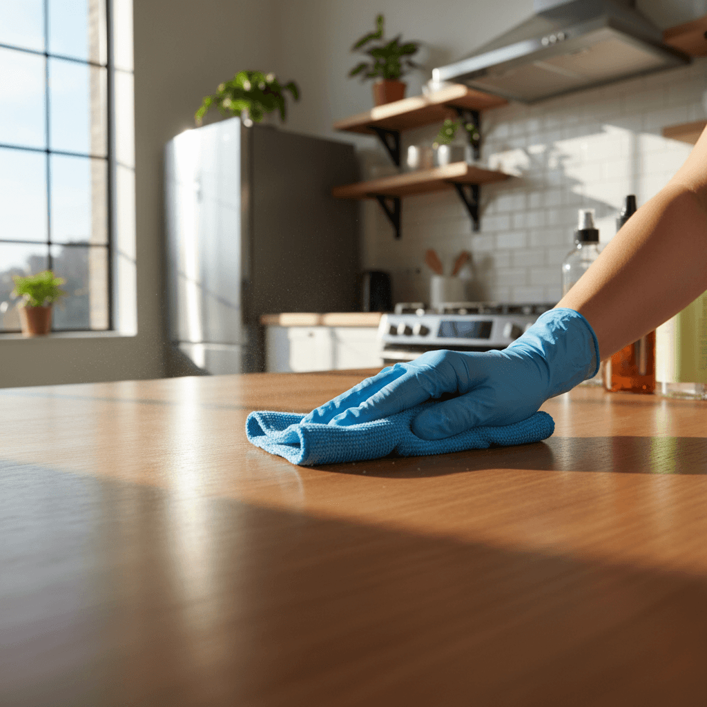 Cleaner carefully wiping kitchen counter in Seattle home