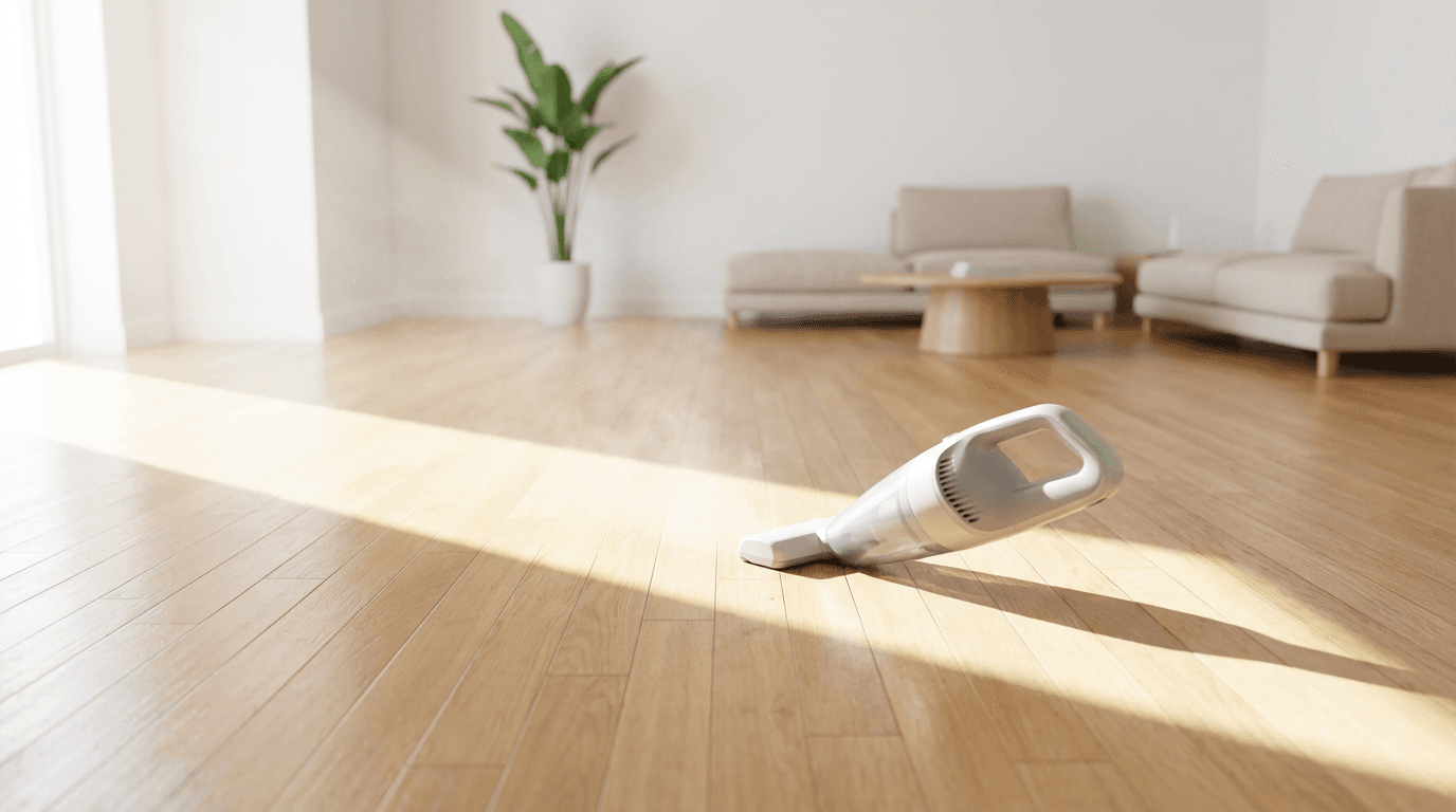Minimalist bright living room with polished floor and lightweight vacuum cleaner casting sharp shadow in natural light.