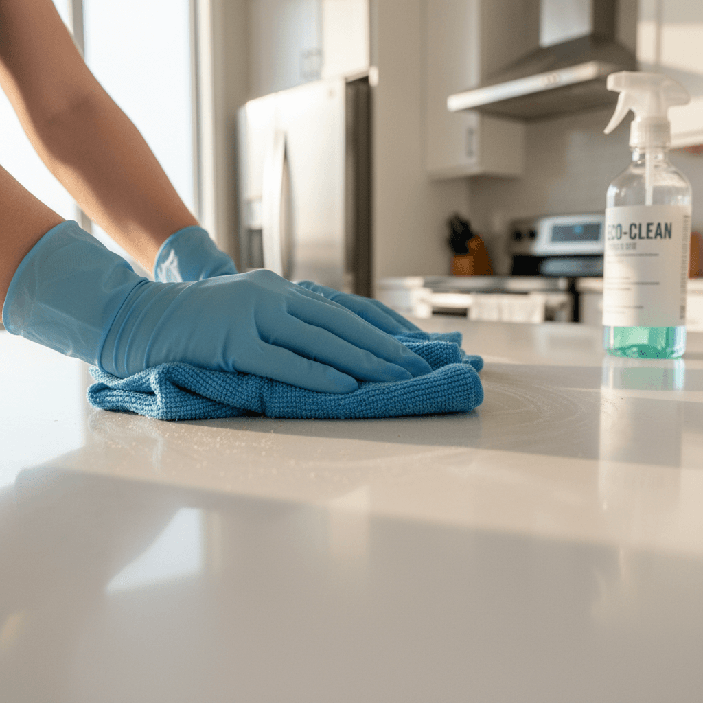 Hands cleaning a kitchen countertop with microfiber cloth